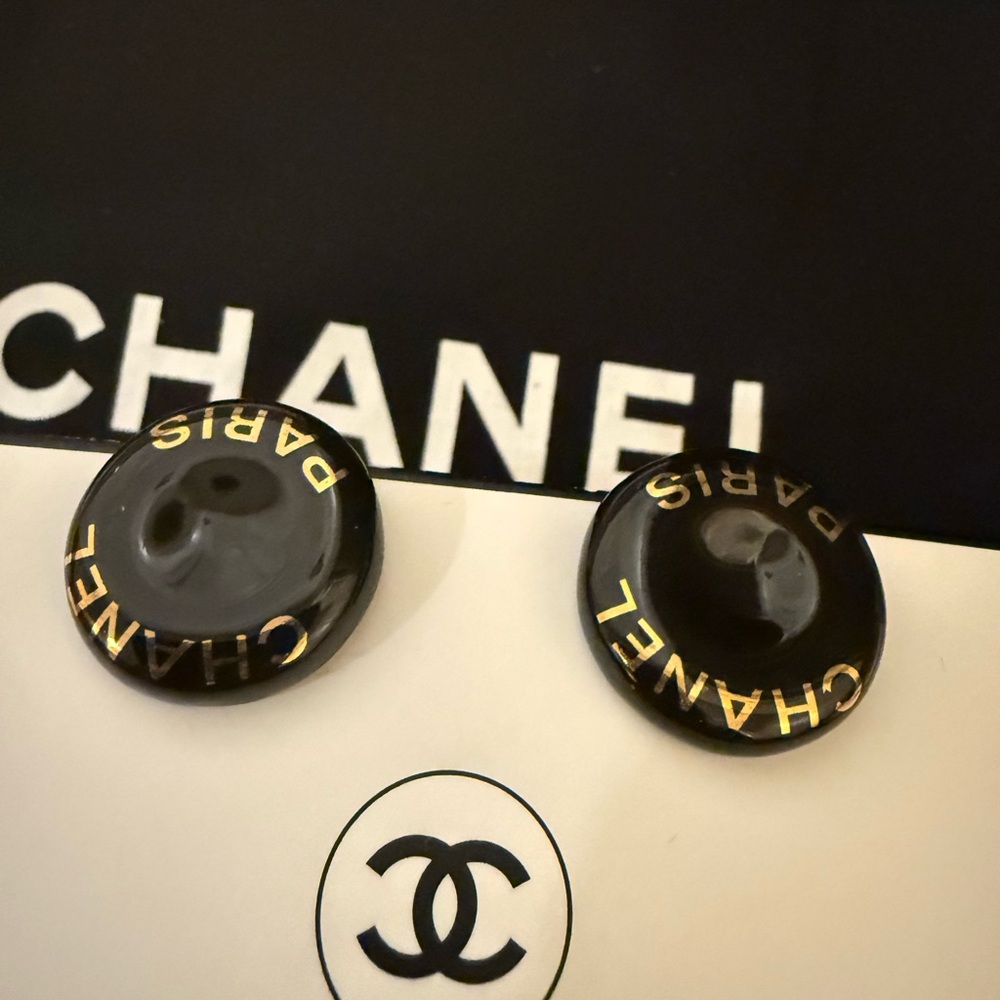 CHANEL Black and Gold Logo Earrings